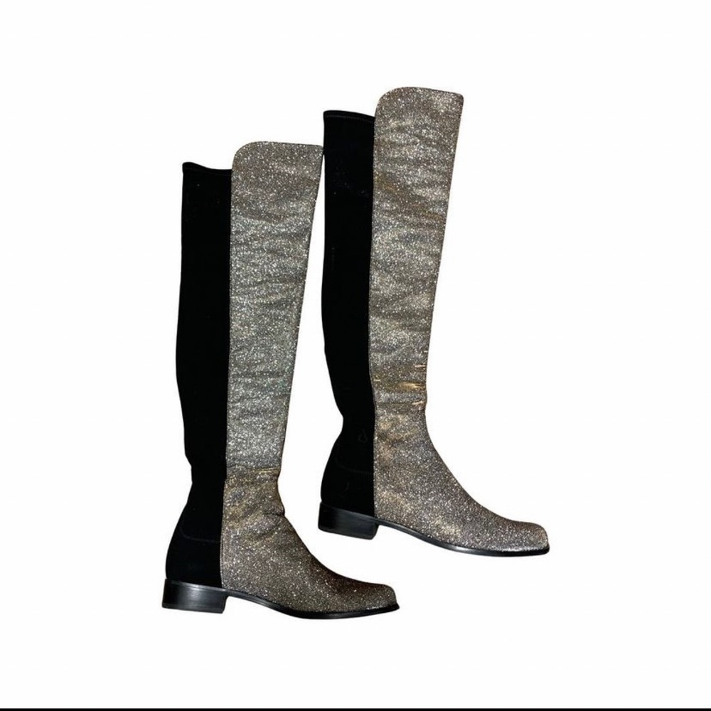 Stuart Weitzman Glitter 5050 Thigh Boots Sz 8 | Color: Black/Gold /Silver